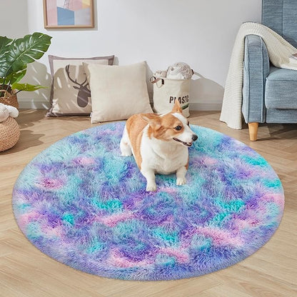 4x4 ft Tie Dye Rainbow Round Rug for Bedroom Room Fluffy Circle Rug Furry Carpet Shaggy Circular Fuzzy Washable Non-Slip Large Area Rug Soft Indoor for Living Room Cute Aesthetic Home Decor