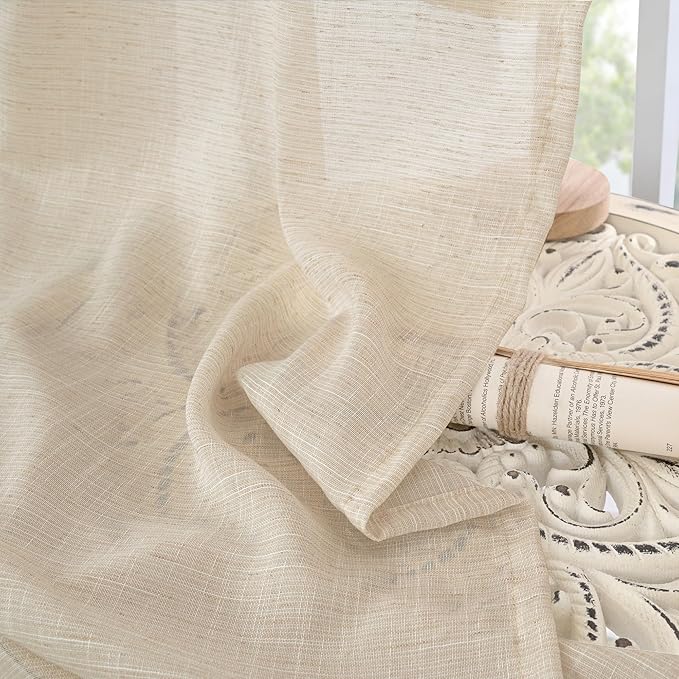 BGment Natural Linen Curtains 48 Inch Length for Windows, Short Semi Sheer Drapes Light Filtering for Cafe Bathroom Decor Rustic Lightweight Rod Pocket, 2 Panels Set, 42 Inch Wide Each Panel