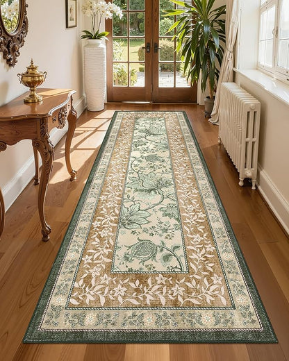 GarveeHome Terracotta Olive Sage Green 2x6 Washable Kitchen Runner Rugs Non Slip Provence Botanical Grove Vintage Boho Cottage Long Rug for Hallways Bedroom TPE Rubber Backing