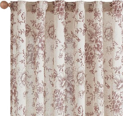 jinchan Linen Blend Curtain Floral Curtains for Living Room 63 Inch Length Farmhouse Brick Red Printed Curtain Rod Pocket Back Tab Peony Flower Patterned Drapes Curtains Set 2 Panels