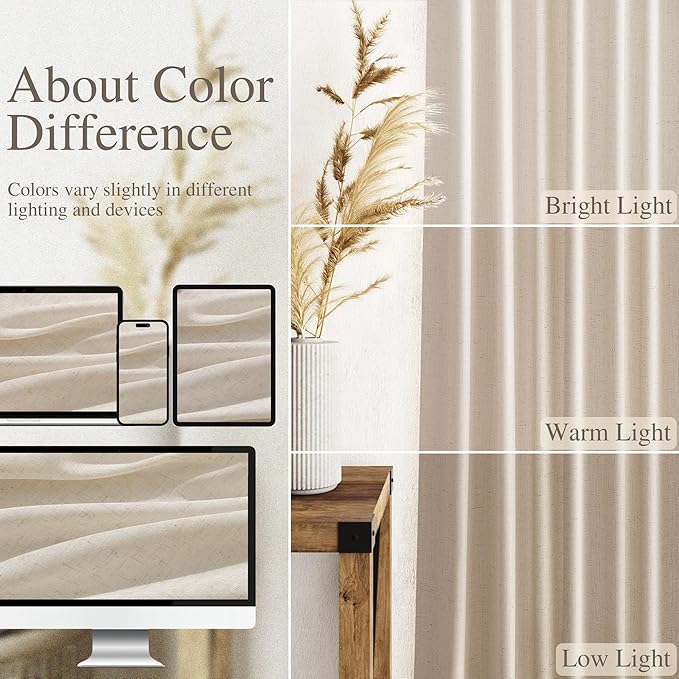 Cream Beige Linen Curtains for Living Room 94 Inches Long Light Filtering Semi Sheer Curtain Back Tab Modern Farmhouse Decor Elegant Luxury Coastal Drapes for Bedroom Dinner Room 52x94, 2 Panels