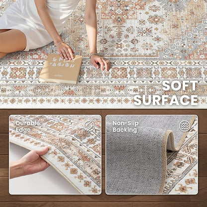 zesthome 8x10 Area Rugs for Living Room,Non-Slip Backing Washable Rugs,Vintage Large Area Rug，Stain Resistant Home Decor Rug (Orange,8'x10')
