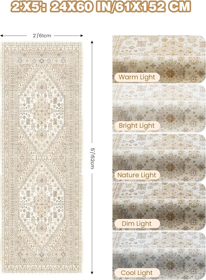 2x5 Rug Runner Washable for Entryway, Soft Bathroom Rugs with Non-Slip Backing,Vintage Low Pile Stair Runner, Small Kitchen Carpet for Hallways, Laundry Room(Cream/Beige,2'x5')