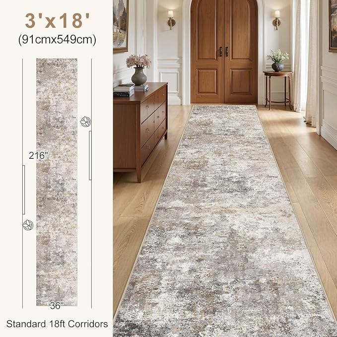 UERMEI 3X18 Washable Runner Rug for Hallway: Soft Neutral Modern Abstract Area Rug - Non-Slip Low Pile Long Throw Indoor Carpet for Kitchen Entryway Kitchen Bedroom Laundry - Brown Grey