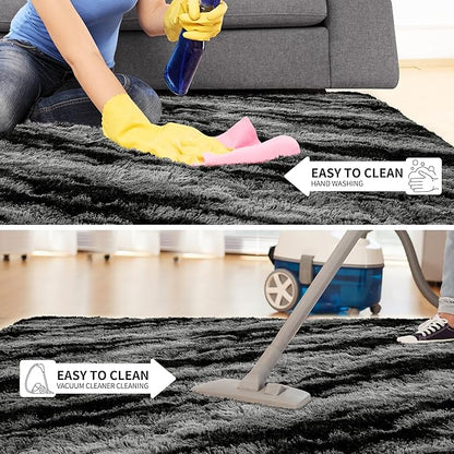 Tepook Fluffy Large Rugs for Living Room, Shag Area Rug 6x9 Soft Carpet for Bedroom, Modern Shaggy Rug for Kids Boys Girls, Plush Indoor Nursery Home Decor Rug with Non-Slip Bottom, Black Grey
