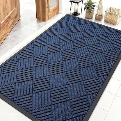 OLANLY Front Door Mat Outside Entrance 47x32, Absorbent, Heavy Duty Sturdy Natural Rubber Doormat Indoor Outdoor, Stain Fade Resistant, Non-Slip Low Profile Floor Mat for Entryway, Navy Blue Diamond