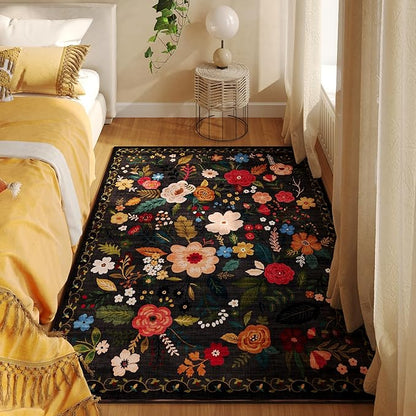 Rugcomf Bedroom Rug 3x5 Rug Washable Area Rug Non Slip Low Pile Boho Floral Small Carpet for Bedroom, Bedside, Kitchen, Entryway, Kids Room, Office, College Dorm Essentials for Girls(Black)