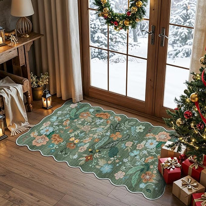 Washable Floral 2x4 Area Rug: Indoor Soft Scalloped Carpet for Entryway Kitchen Non-Slip Water Resistant Bathroom Laundry Floor Mat Low Pile Durable Nursery Door Mat Cute Home Decor(2x4 Floral/Green)