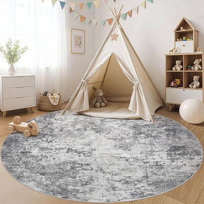 8ft Round Area Rug Living Room Rugs - 8x8 Washable Neutral Modern Abstract Soft Thin Rug Indoor Floor No Slip Rug Carpet for Bedroom Under Dining Table Home Office Decor - Grey