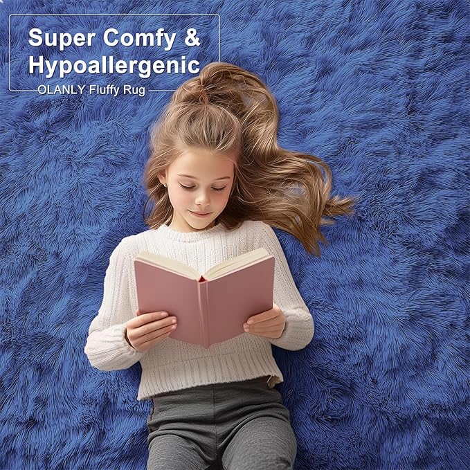 OLANLY 7x12 Machine Washable Large Area Rugs for Living Room, Bedroom, Soft Fluffy Shaggy Bedside Rug, Indoor Floor Carpet for Kids Girls and Boys, Dorms, Nursery, Home Decor Aesthetic, Navy Blue