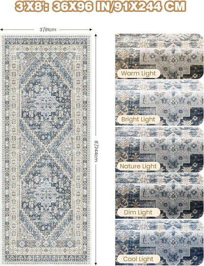 3x8 Runner Rug Non Slip Washable for Entryway, Front Porch, Vintage Hallway Runner for Laundry Room, Bedroom, Stain Resistant Thin Indoor Kitchen Mats for Floor(Blue/Beige,3'x8')