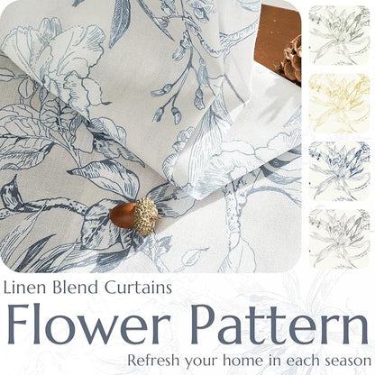 jinchan Floral Curtains 96 Inches Long Blue Flower Linen Farmhouse Curtain for Living Room French Country Vintage Curtain Rod Pocket Curtains Set 2 Panels Blue Floral Printed