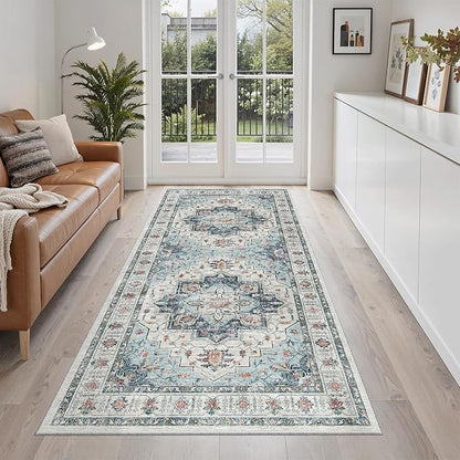 Madane Hallway Runner Rug 3x6 - Washable Kitchen Rugs Entryway Rug Runner Vintage Soft Floor Mat Non Slip Indoor Farmhouse Carpet for Bathroom Living Room Bedroom (3 X 6, Blue)