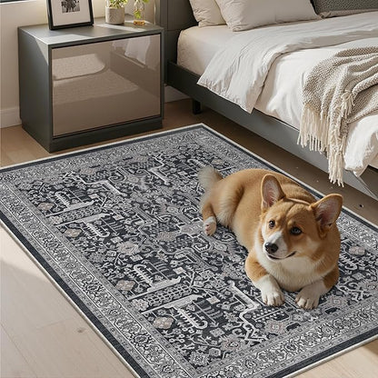 Washable 2x3 Entryway Area Rug - Small Non Slip Vintage Kitchen Runner Rugs Indoor Entrance Soft Neutral Stain Resistant Bathroom Mat Farmhouse Carpet for Bedroom Living Room Entry Laundry 2'x3' Black