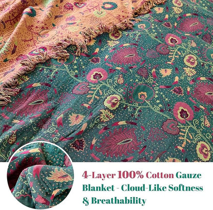 MSGKV Boho Throw Blanket for Couch and Sofa Cotton Blankets for Living Room Bedroom Reversable Florals Throw 60"x80" Spring Breathable Cozy Blankets