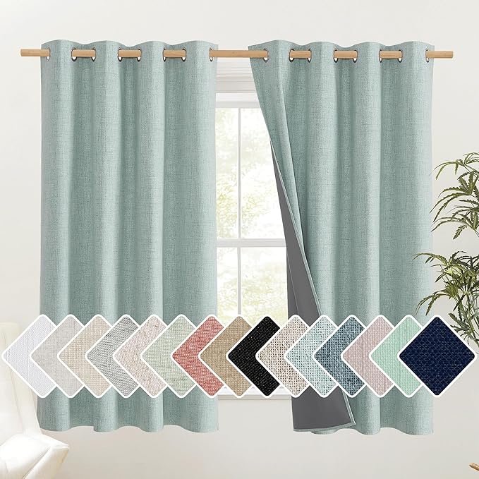 NICETOWN 100% Absolutely Blackout Linen Curtains with Thermal Insulated Grey Liner, Seafoam Green, 52 inches Wide, 63 inches Length Energy Saving Curtains for Bedroom 2 Panels Set, Vertical Blinds