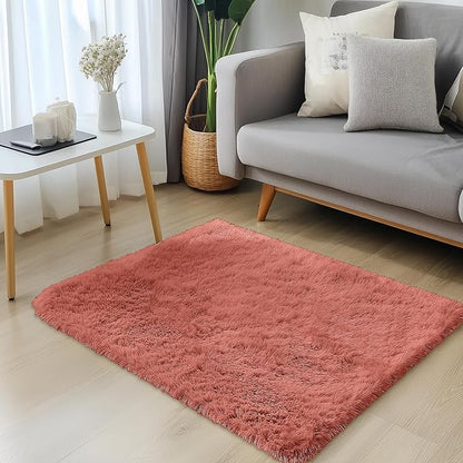 OLANLY 3x5 Machine Washable Small Bedside Rug, Soft Fluffy Shaggy Rugs for Living Room, Bedroom, Indoor Floor Carpet for Kids Girls and Boys, Preppy Dorms, Nursery, Home Decor Aesthetic, Rust Red