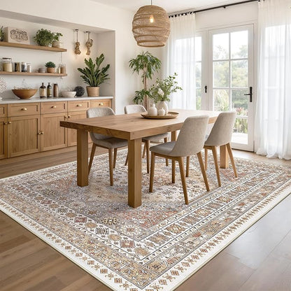 Area Rugs 5x7, Ultra-Thin Washable Rugs for Living Room, Anti-Slip Backing Area Rug for Bedroom, Soft Floral Vintage Home Decor Rug for Dining Room(Orange,5'x7')