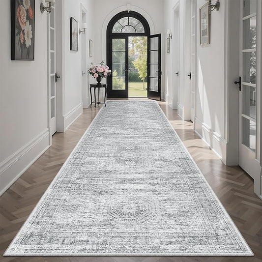 Runner Rug 3x12 Washable Non-Slip Hallway Runner Rugs for Kitchen Bathroom Laundry Room Grey Vintage Floor Carpet Runners for Hallways Entryway