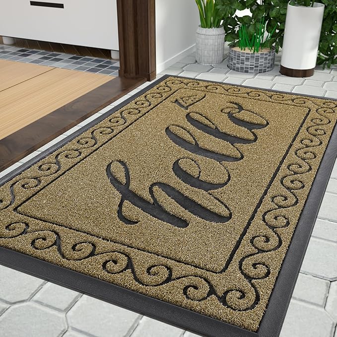 Yimobra Welcome Mats for Front Door 29.5x17, Heavy Duty Waterproof Outdoor Door Mat Outside Entrance, Non-Slip Low Profile Indoor Entryway Mat for Garage Patio, Beige Brown