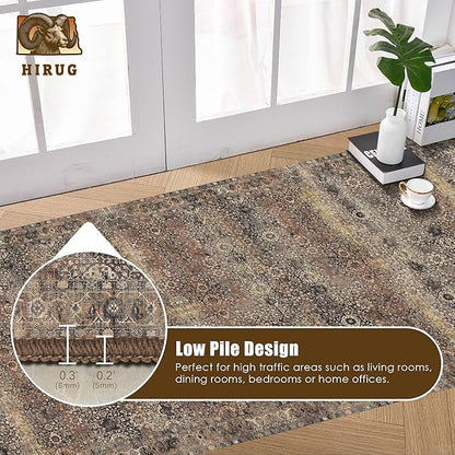 Washable Area Rug 2'6'' x 8' Vintage Traditional Persian Mat - Foldable Distressed Non-Slip Machine Washable Carpet for Living Room Bedroom Kitchen Home Decor - Umber and Slate