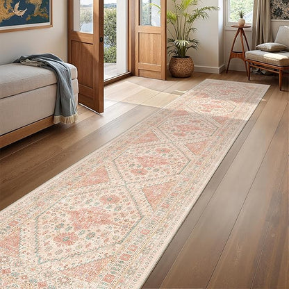 Hallway Runner Rug 2x12, Extra Long Washable Runner Rugs with Rubber Backing, Non Slip Runner, Vintage Rug Runners for Kitchen Laundry Room Entryway (Pink,2'x12')