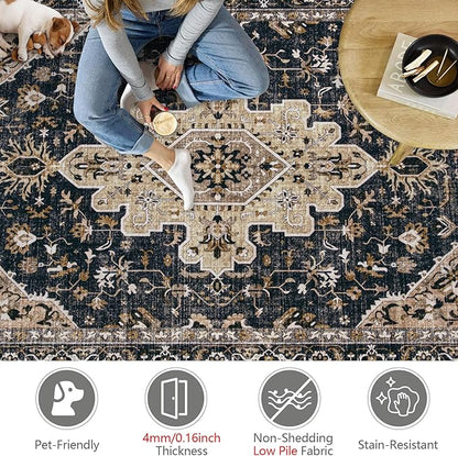Area Rugs 9x12 Vintage Rug: Large Washable Living Room Rug Retro Medallion Distressed Soft Low Pile Non-Slip Indoor Floor Carpet for Bedroom Dining Table Office (BeigeBlack,9'x12')