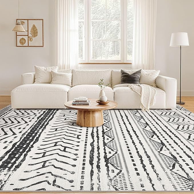 Nakagishi Black Rug Living Room Rugs: 9x12 Machine Washable Boho Large Neutral Modern Soft Moroccan Stain Resistant Indoor Floor Non Slip Accent Carpet for Bedroom Nursery Kids Playroom Office