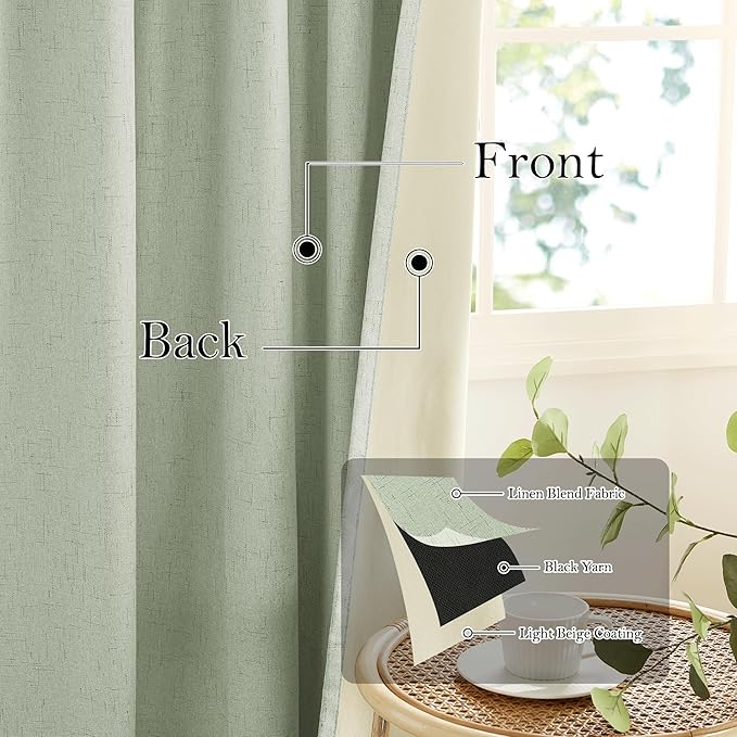 RYB HOME 100% Blackout Sage Green Linen Curtains, Light & Heat Blocking Thermal Privacy Protection Neutral Window Drapes for Living Room Bedroom, 52" W x 84" L, 2 Panels Set