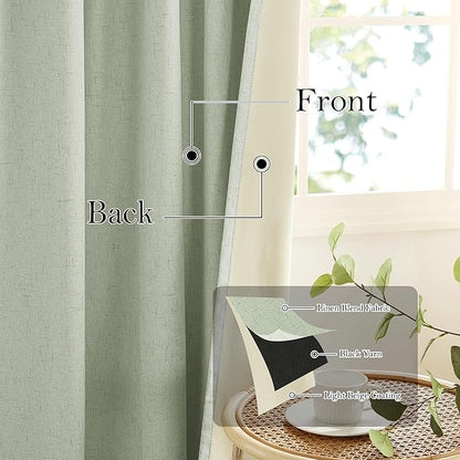 RYB HOME 100% Blackout Sage Green Linen Curtains, Light & Heat Blocking Thermal Privacy Protection Neutral Window Drapes for Living Room Bedroom, 52" W x 84" L, 2 Panels Set