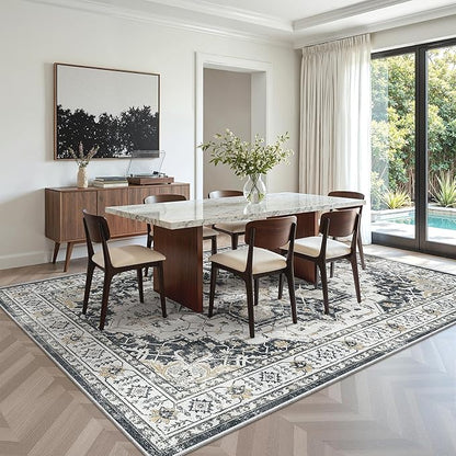 zesthome Washable Rug 6x9 Area Rugs,Stain Resistant Rugs for Living Room,Bedroom,Non-Slip Backing Home Decor Rug, Vintage Medallion Pattern Rugs (Black,6'x9')