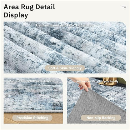 Abstract Rug 8x10 Large Living Room Rugs Neutral Modern Washable Area Rugs for Bedroom Dining Room Non-Slip Stain Resistant Foldable Thin Blue
