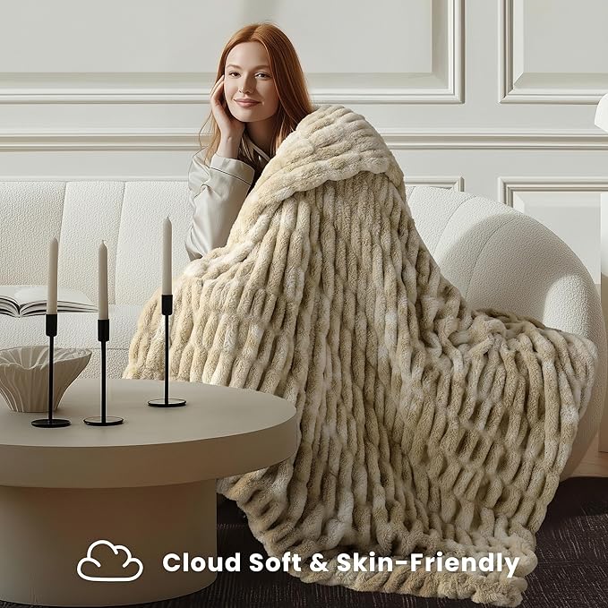 Ultra Soft Cozy Faux Fur Throw Blanket, Fuzzy Plush Thick Bubble Blanket, Oversize Luxury Fluffy Blanket for Couch, Sofa, Bedroom, and Living Room,50x60 Inches,Double Sided Tie-Dye Camel