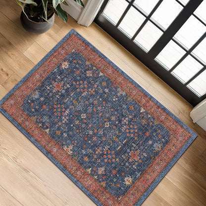 Hazo Haus Washable 2x4 Entry Rug Front Door Indoor, Farmhouse Small Area Rugs for Kitchen, Bathroom, Entrance, Non Slip Rubber Backed, Perfect for Boho Décor (2x4 Navy Blue)