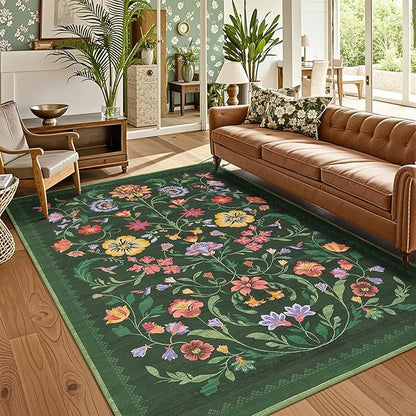 Washable Rug 9x12 Area Rugs for Living Room, Protea Floral Rug for Bedroom, Soft Vintage Non Slip Throw Rugs with Rubber Back, Low Pile Stain Resistant Boho Floral Carpet for Dining Room, Forest Green