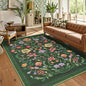 Washable Rug 5x7 Area Rugs for Living Room, Protea Floral Rug for Bedroom, Soft Boho Non Slip Throw Rugs with Rubber Back, Low Pile Stain Resistant Vintage Floral Carpet for Dining Room, Forest Green