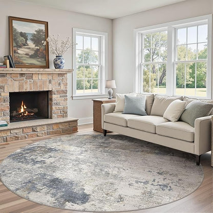 10ft Round Area Rug Living Room Rugs - 10x10 Washable Large Neutral Modern Abstract Soft Thin Rug Indoor Floor No Slip Rug Carpet for Bedroom Under Dining Table Home Office Decor - Blue Grey