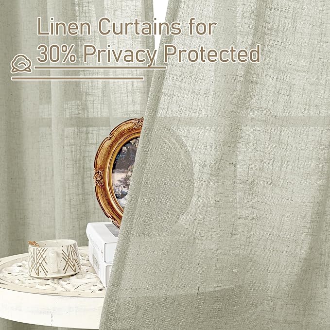 LAMIT Sage Grey Linen Kitchen Curtains 30 Inch Length, Semi Sheer Light Filtering Window Panels Back Tab and Rod Pocket Drapes for Basement/Small Windows, 34 x 30 Inch, 2 Panels