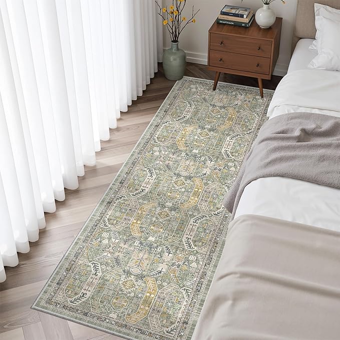 Madane Washable Runner Rug - 2x6 Rug Runners for Hallways 6 Feet Non Slip Vintage Kitchen Runner Rug Ultra-Thin Bathroom Runner Rugs Carpet Laundry Room Bedroom (2x6ft, Green/Gold)