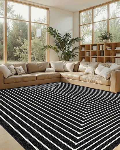 Latte&Fog 9x12 Area Rug for Living Room, Extra Large Black Modern Abstract Washable Rugs, Boho Non Slip Low Pile Carpet for Indoor Bedroom Dining Room, Office, Dorm, Classroom and Farmhouse
