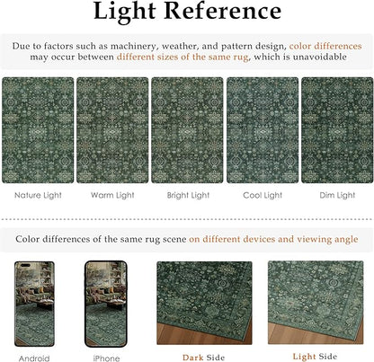 6x9 Washable Area Rug for Living Room Bedroom Vintage Green Carpet Soft Low Pile Traditional Retro Non Slip Throw Rug for Dining Room Entryway Indoor Dorm Kitchen