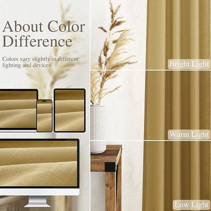 Nanspring Gold Linen Curtains 102 Inches Long Rod Pocket Back Tab Drapes 2 Panels Set for Living Room Bedroom Light Filtering Semi Sheer Gold Curtain 102 Length for Patio Door 52x102