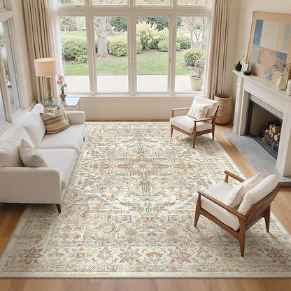 zesthome 9x12 Area Rugs-Washable Rug for Living Room, Non-Slip Backing Rugs, Stain Resistant Rug for Bedroom, Ultra-Thin Low Pile Rugs, Vintage Large Home Decor