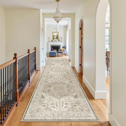 Madane 3x12 Hallway Runner Rug - Non Slip Washable 12ft Runner for Hallways Soft Vintage Kitchen Rugs Low-Pile Carpet Runner for Entryway Bathroom Thin Floor Mat for Bedroom Dining Room, Ivory/Brown
