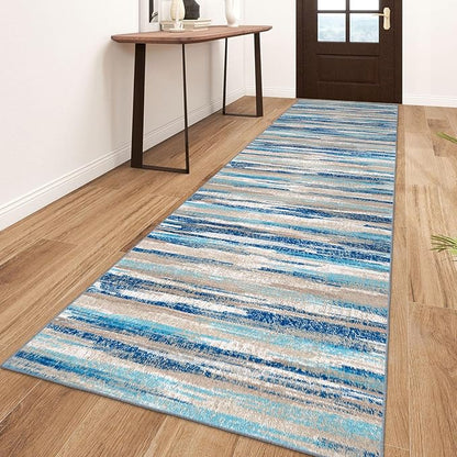 Lansny Modern Abstract Runner Rug 3x10, Blue Washable Kitchen Runner Non-Slip Soft Hallway Rug Runner Thin Print Faux Wool Carpet for Entryway Bedroom Laundry Room Indoor Home Office Decor