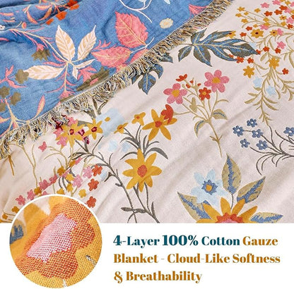 MSGKV Boho Throw Blanket for Couch Chair 100% Cotton Floral Blanket 50"x60" Sofa Blankets Lightweight Farmhouse Muslin Spring Breathable Bed Blankets Home Decor All Seasons
