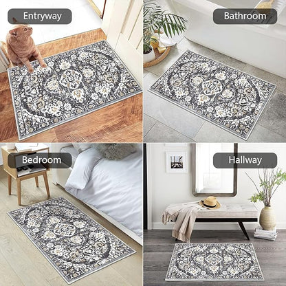 HEBE Washable Area Rug - 2'x3' Non Slip Soft Distressed Medallion Bedroom Boho Living Room Accent Throw Vintage Entry Floor Carpet for Dining Room Bathroom Entryway