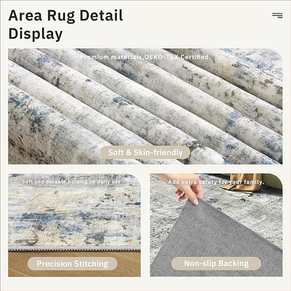 Abstract Rug 5x7 Machine Washable Area Indoor Blue Yellow Low Pile Non-Slip Foldable Thin Accent Rugs for Bedroom Living Room Dining Room