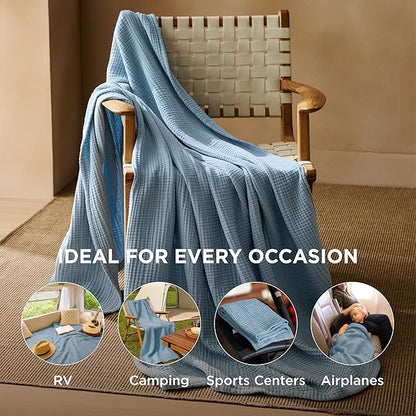 Bedsure 100% Cotton Muslin Throw Blanket Twin XL for Bed - 4-Layer Breathable and Lightweight Thin Soft Summer Gauze Muslin Blankets for Adults, Blue, 66x90 Inches