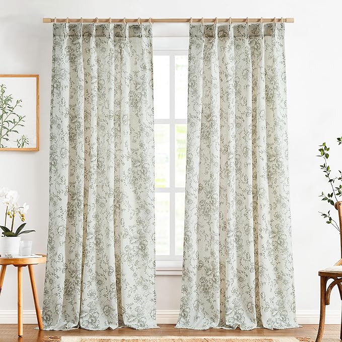jinchan Pinch Pleated Curtains Floral Linen Blend Curtains for Living Room 96 Inches Length Green Peony Flower Printed Curtain Rod Pocket Back Tab Farmhouse Drapes with Hooks Set 2 Panels